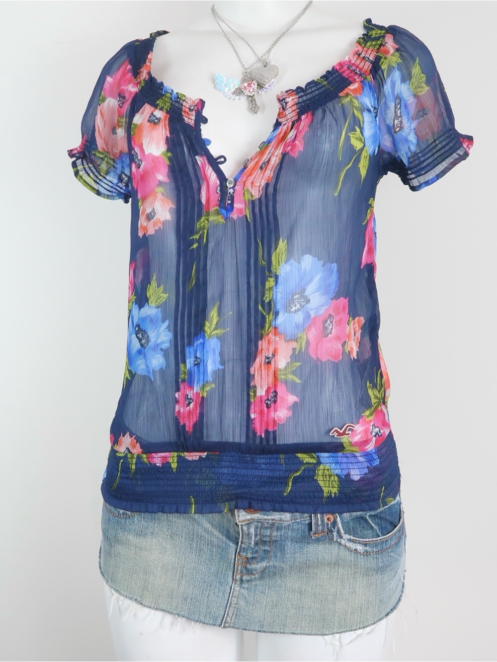 Hollister Navy Sheer Floral Peasant Blouse